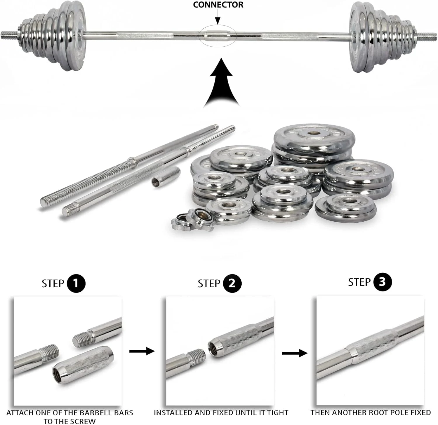 SKY LAND Fitness Adjustable Chrome Dumbbells and Barbell for Weight Training. Includes Storage Case with Wheels, 50 KG, Silver - Image 3